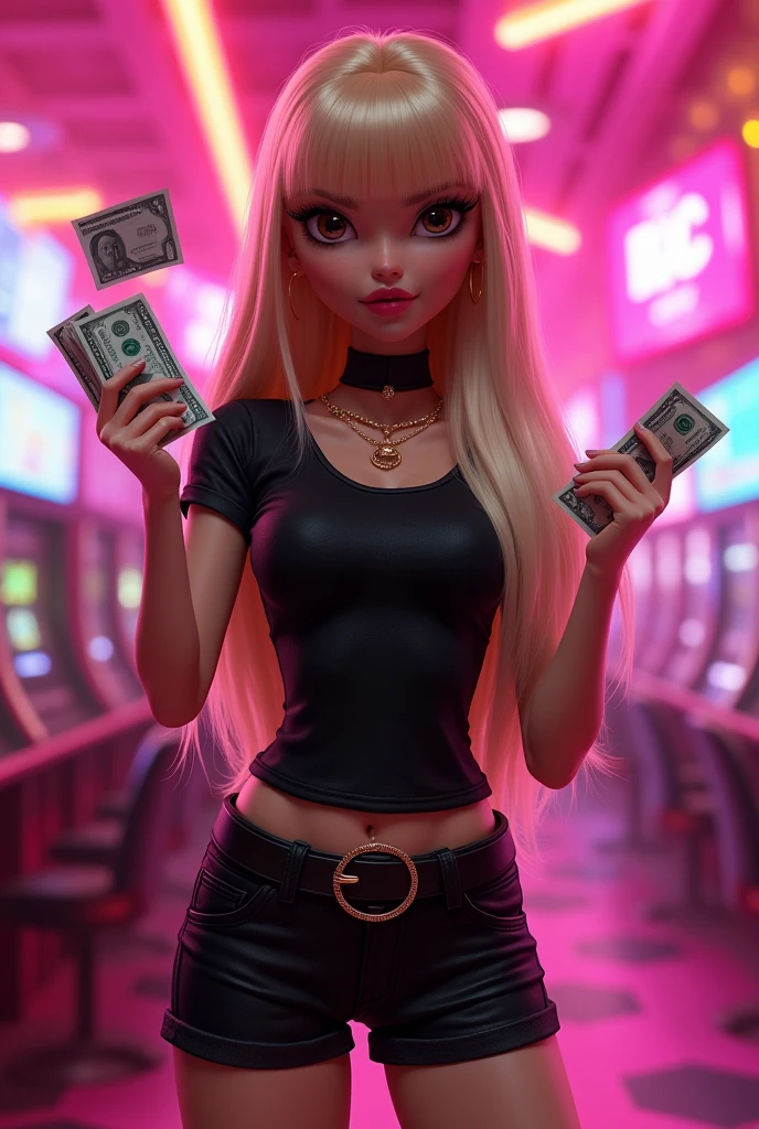 Bratz poster realistic humanoid image, girl with straight blonde hair, with brown eyes with a challenging look , dressed in an elegant black t-shirt and black shorts with, grabbing bills. Awesome pink casino background with lights