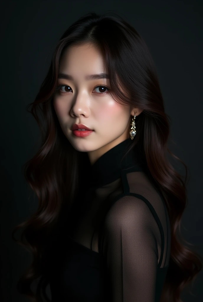 Photoshoot debut girlgrup. Rank 3 trainee. Leader, Lead Vocalist, Visual. Korean. Long hair. Her face like Jiho oh my girl. Concept black.