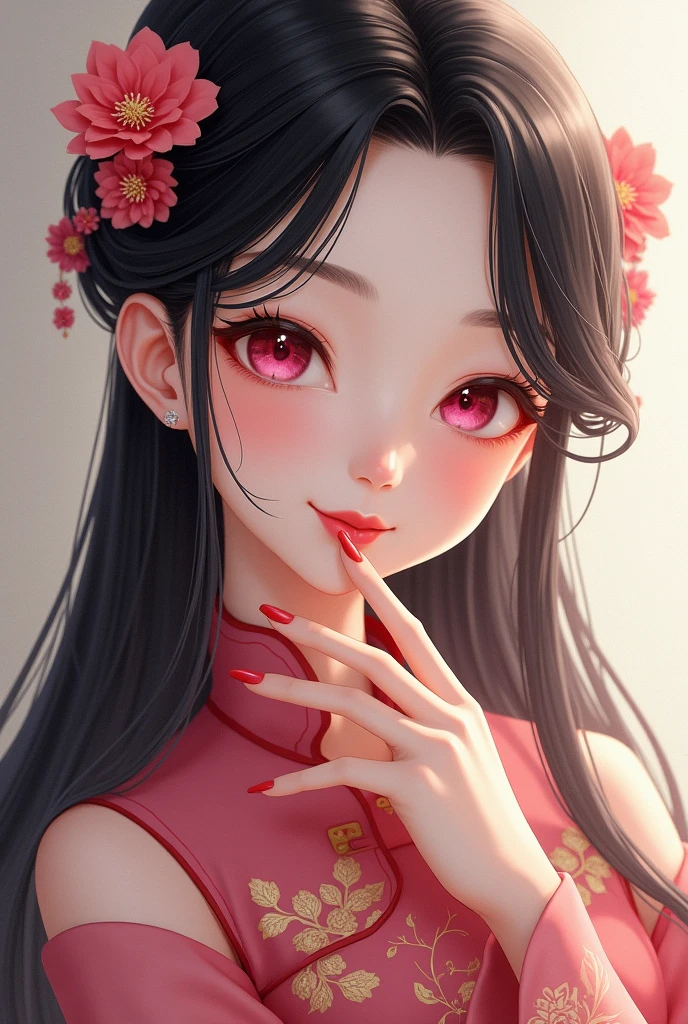 1 girl in Chinese dress, long hair, black hair, pink eyes, laughing happily, beautiful fingers covering lips, red nails