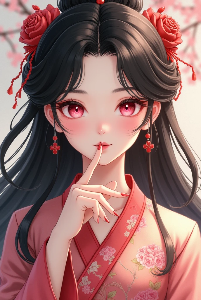 1 girl in Chinese dress, long hair, black hair, pink eyes, laughing happily, beautiful fingers covering lips, red nails