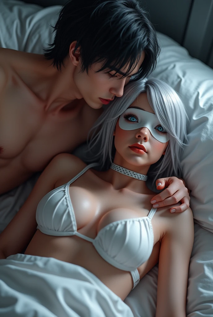 3D A man with black hair and piercing red eyes is tying the a girl with silver hair and blue eyes and big boobs on a bed with white lingerie down with a blind fold and the man grabing her neck
