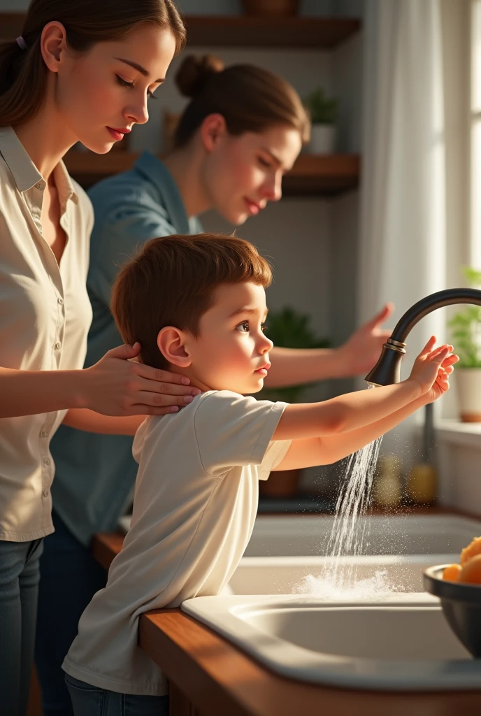 text2image(prompt='A boy helping his parents close the faucet while washing dishes, with a serious expression')