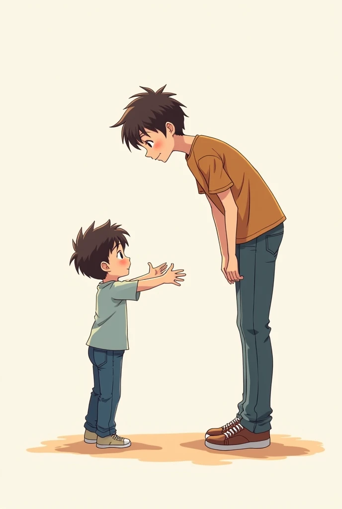 Person looking down at an anime boy in casual clothes with outstretched arms standing facing forward
