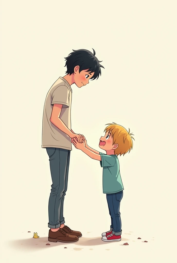 Person looking down at an anime boy in casual clothes with outstretched arms standing facing forward