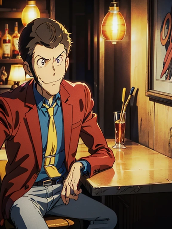 Lupin, (Red jacket, Blue shirt, yellow tie, very short hair), Close-up, Natural side Lighting, Toon Shader Rendering, ((A slightly dimly lit bar, Sit at the counter)), Surreal Scene, Slightly Smile with mouth closed, With a glass, The correct number of fingers, Nice atmosphere, Clear images, Anime style illustration