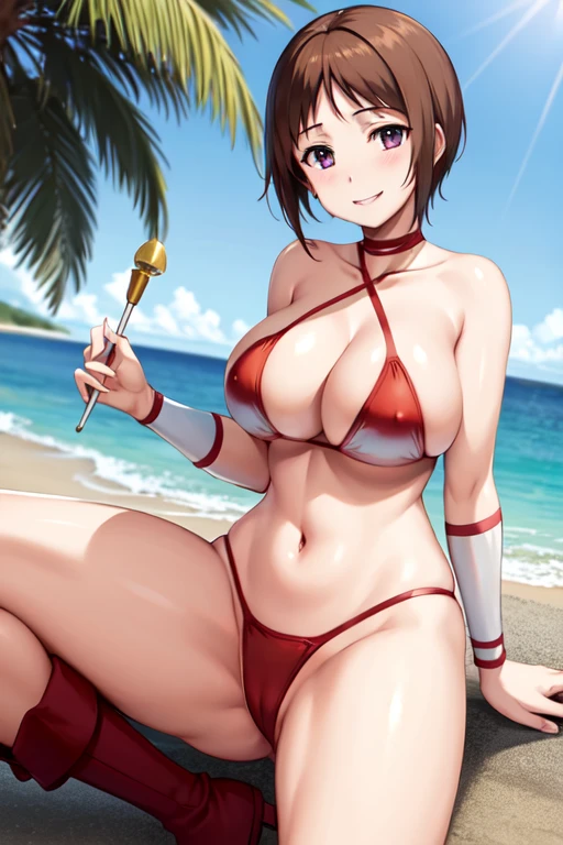 masterpiece, best quality, beautiful art, high resolution, well formed hands, body and fingers, 1 woman, solo, Ui Wakana, full body picture, grown up, adult, large and big breasted, cleavage, hair ornament, wearing a Tyris Flare outfit , white_bikini, full body, sexy and skimpy bikini, gorgeous hips, legs and thighs bouncing breasts, red boots, dancing seductively and erotically, twirling around, bikini thong, shaking her body alluringly, smiling joyfully, looking at the viewer, sweating , flirting, beach environment