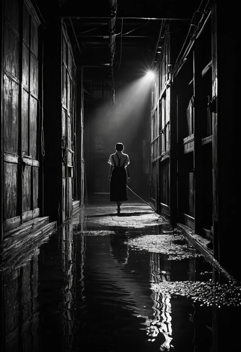 Misaki Sato, a genius botanist; a beautiful girl tied hand and foot to a steel pole in the center, unable to move; a determined, dirty face; a white coat; sweat beading on the forehead; the warehouse; a high ceiling with bare beams; dusty light coming through the window; spotlights from hanging bulbs; old machines and wooden boxes casting ominous shadows; distant sounds of water dripping; a rat running around a corner; the tense atmosphere; the The sound of water droplets in the distance, rats running around the corner, the tense atmosphere, the contrasting noir lighting. Old machinery and crates casting ominous shadows, rats running around a corner, tense atmosphere, contrasting noir lighting, hard textures, stills from thriller film, ultra fine detail, 8K --AR 16:9 --Stylize 1000