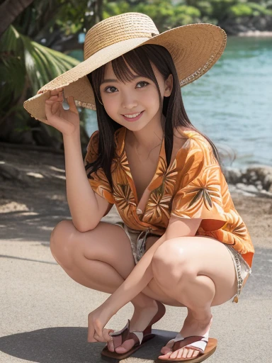 Japanese female, (underweight), (medium bust best quality:1.0), 30 years old, (cheerful grin:1.1),NSFW,
lake, squatting, semi long, (Orange aloha shirt), (straw hat), (bottomless), Japanese, light atmosphere, (full body shot),