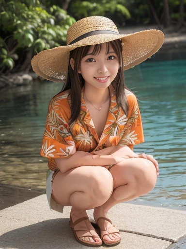 Japanese female, (underweight), (medium bust best quality:1.0), 30 years old, (cheerful grin:1.1),NSFW,
lake, squatting, semi long, (Orange aloha shirt), (straw hat), (bottomless), Japanese, light atmosphere, (full body shot),