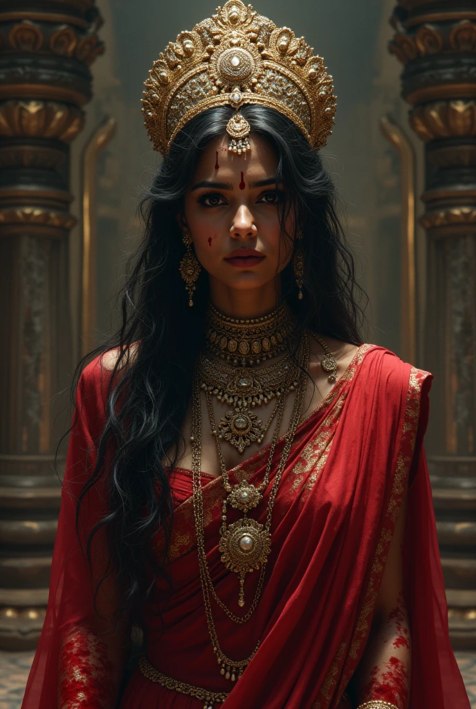 Make a portrait of mysterious Indian queen with wearing lots of jewellery crying in lord shiva temple whole body covered in blood