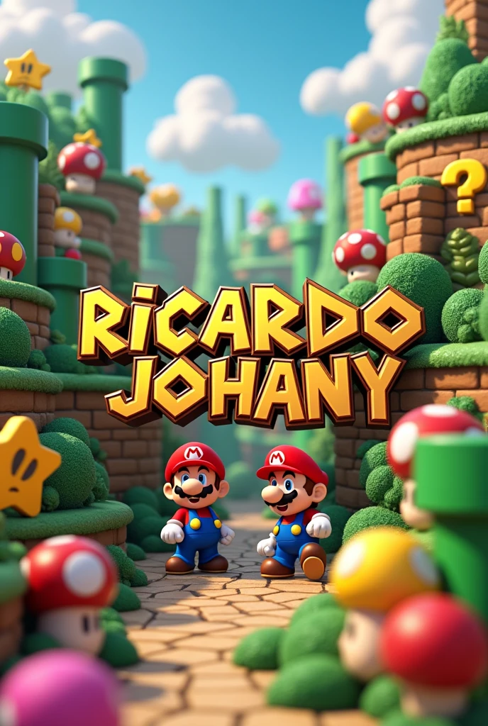 Create an animated mario bros image with the name Ricardo Johany in Colour golden letters