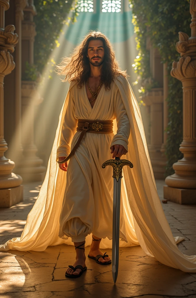 masterpiece，1 male，aldult，Beautiful face，young，advanced，Antique theme，Fairies，Ancient costumes，holding sword，Sunlight，street，Long hair flying，Sunlight，Background style，breeze blowing，Loose robe，fantasy landscape，Starlight around the character，（whole body），(first-person view, pov, UHD, retina, masterpiece, ccurate, anatomically correct, textured skin, super detail, award winning, 8k)