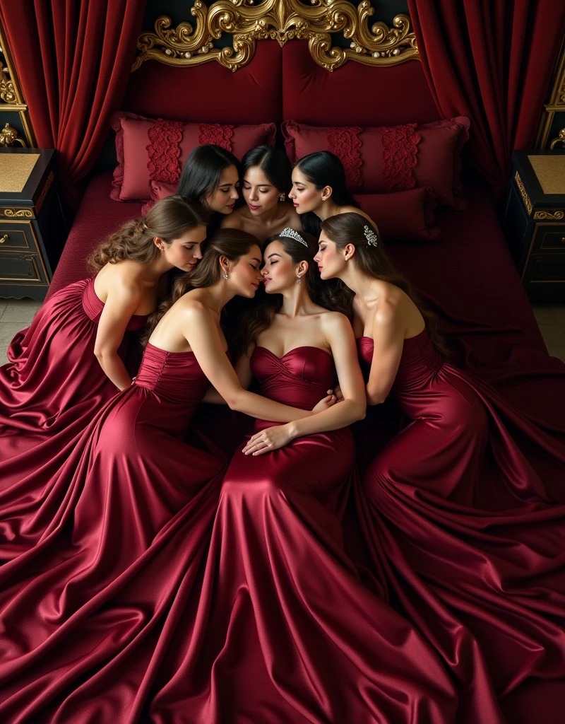 ultra quality, masterpiece, ultra resolution, longshot view, artwork, super それにget used to it, many get used to it, get used to it, それにget used to it, top view angle shows the entire bedroom,love,romantic,Six persons,((Five Mothers and One Daughter)),((Five Mature Women and One Young Woman with the tiara)),((Five Mature Women lips kissing embrace and holding One Young Woman)),((Five Mature Women holding hands and One Young Woman sat between Five Mature Women kissing)),((Midnight maroon satin velvet oversized long sleeve evening dresses)),((Oversize long sleeve midnight maroon satin velvet dresses)),((Full-length dresses train skirt stretched down and flared covered the entire mattress)),((Full of luxurious satin velvet fabric stretches and covers the the entire mattress)), luxurious shiny midnight maroon satin velvet evening dresses, Sitting kiss and hugging on the bed,((The Young Woman facing Five Mature Women kissing)),((Gorgeous queen rococo satin velvet long sleeve evening dresses with voluminous full-length stretched down and flared train skirt)),full-length sleeve midnight maroon satin velvet gloves,((long midnight maroon satin velvet gloves)),((floor-length midnight maroon satin velvet evening dresses skirt stretched down to cover the mattress)),An evening dresses with full shiny midnight maroon satin velvet fabric material,((Five Mature Women hugging One Young Woman)),luxury bedroom palace,((Palace full shiny midnight maroon bedroom)),((The bed full-covered of stretched and flares satin velvet fabric)), ((Long midnight maroon velvet bedroom material)),Frilled silk velvet bedroom midnight maroon bludru pillows on the bedroom,Five Mature Woman hugging Young Woman,One Young Woman's body surrounded and covered by Five Mature Women's dresses skirt,((Five Mature Women is sitting kiss embrace One Young Woman, One sitting in the bed between Five Mature Women)),luxurious ruffled midnight maroon curtains