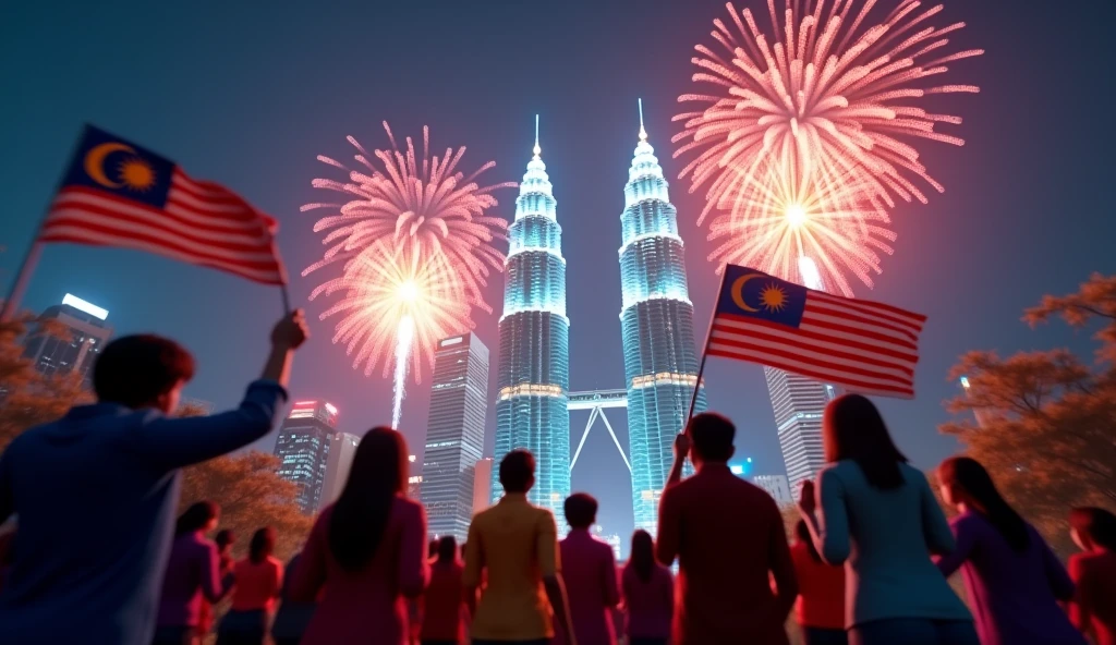 ((photorealism:1.2)), Malaysia Day, Citizens back, Malaysia flags big and focus, Malaysia Petronas Twin tower, High-Quality image Generation, night view, fireworks, citizen's cloth different colors, happy, realistic 3d