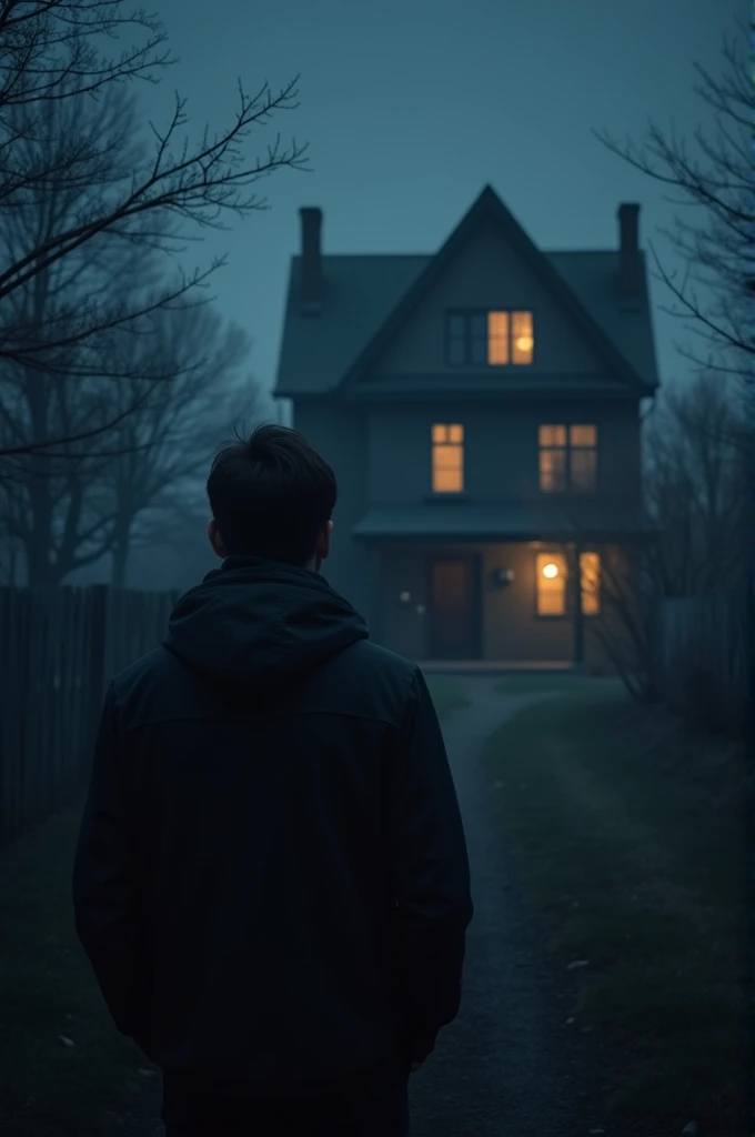 I want a cover where there is a man with his back turned looking at a house from a distance., It is nighttime and everything has an air of mystery. The house has cameras pointing directly at the man and in one of the windows on the second level of the house you can see a light on. It is the only one on since the house is in darkness.