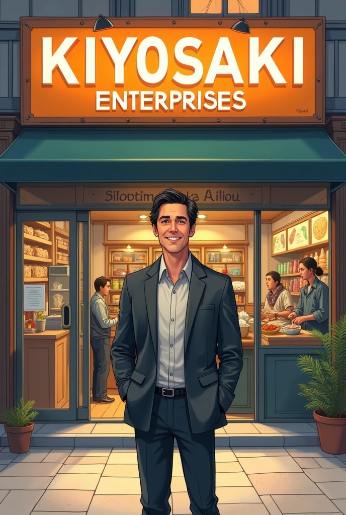 Scene 5: Starting a Business:
Visualize Robert, now an adult, standing in front of his own small business. The signboard above the shop reads “Kiyosaki Enterprises.” The background shows a bustling small business environment, with customers entering the shop and employees working inside. Robert is smiling, confident, and looks successful.