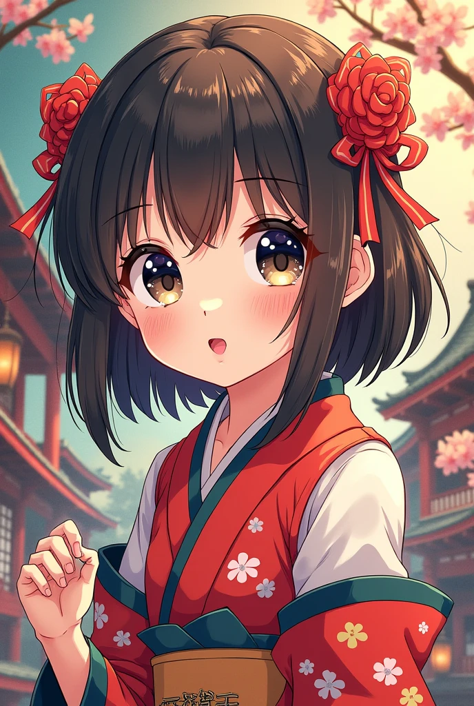Anime girl characterized by detailed characters with clear lines and big, expressive eyes. Use a palette of vibrant and contrasting colors, with visual effects that mix traditional Japanese with the fantastic