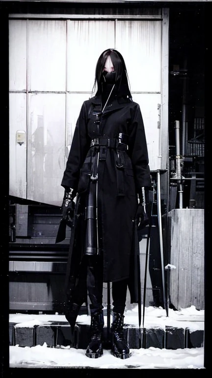 Black Hair、Cold look:1.5、Japanese woman in her 30s、Dark Background、One Cool Lady:1.5、night、whole photo、Dark Eyes、Black gloves、Ominous Machine Lifeform、Nihil、Half of his body is made of machinery、Mechanical Man:1.5、Modern clothing: