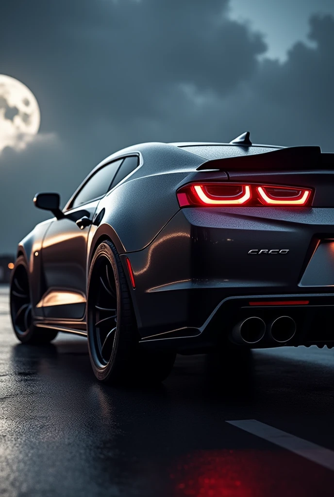 Generate a Chevrolet Camaro seen from behind and make it impressive, that it is night and that the angle is almost attached to the back of the car