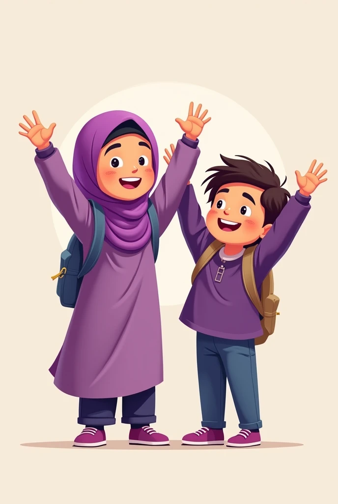cartoon muslim kid girl and boy purple cloth and hijab standing and hand in the sky back to school concept