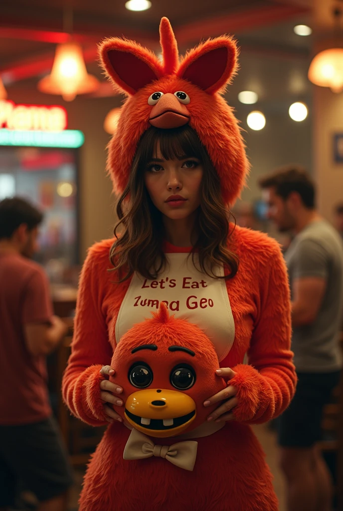 Most detailed toy chica costume, Toy chica suit, fnaf 2, girl inside inside, detailed.mascot suit, detailed mascot chicken head, bib "let's eat" , 4k res, sexy, big breasts, woman inside, holding mascot head, ready to perform at Freddy fazbears pizza
