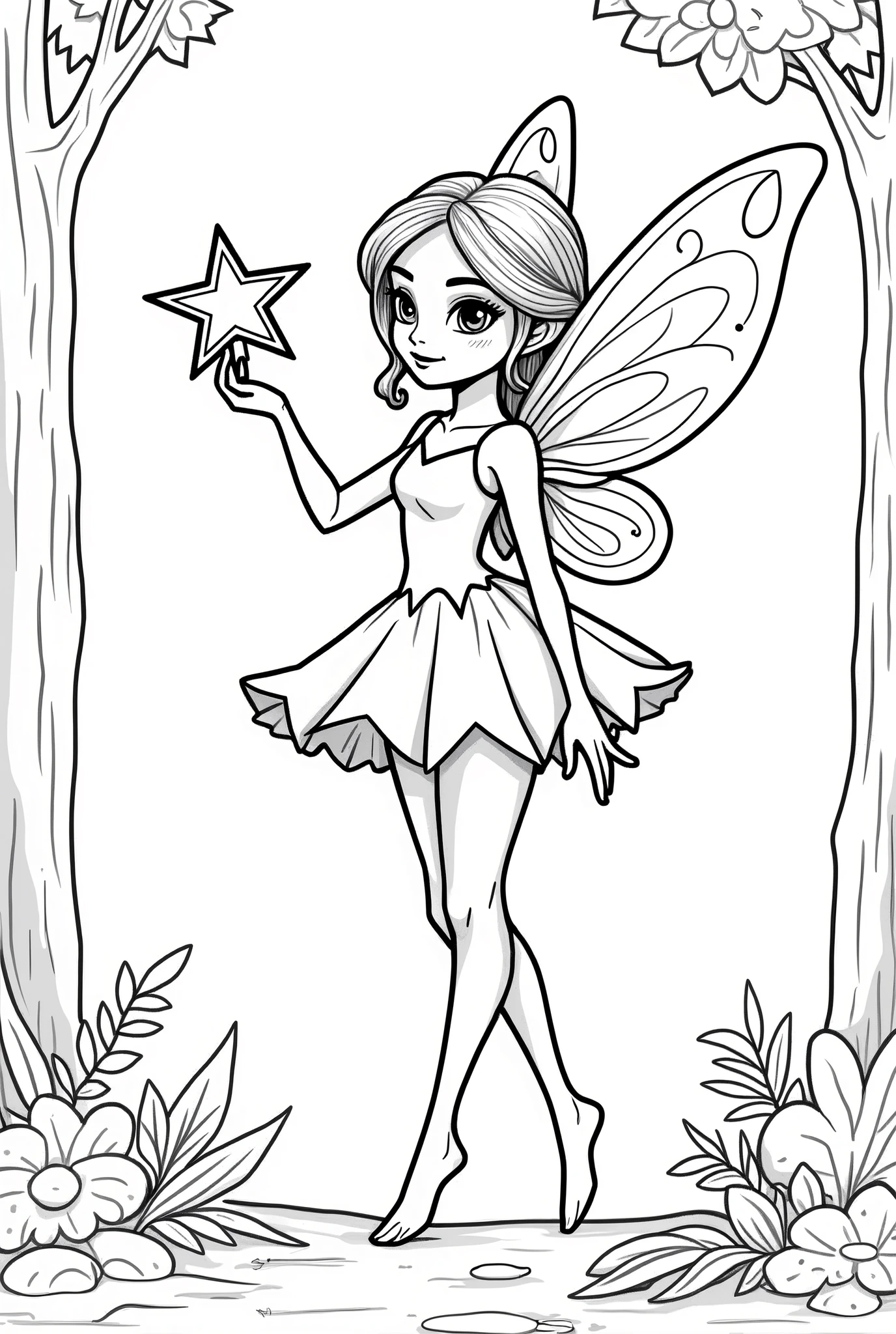 a pretty fairy with a magic star in her hands, for coloring pages, full white,clean line art, children's style, magic forest background, full body, Sketch style, playful style, childrens,coloring page, clean line art, white background, colouring page, clean outline