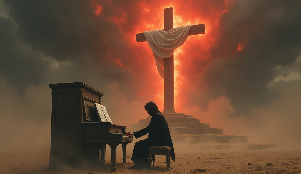 a pianist playing piano in middle apocalyptic sand, dust and smoke, The image depicts a powerful scene with a solitary wooden cross, standing majestically atop a platform surrounded by swirling mists. A white cloth is draped over one arm of the cross, catching the light from within the structure, which shines outward, piercing the surrounding darkness. The atmosphere is ethereal and mystical, set against a red rose of a dark, stormy sky, suggesting a moment of divine significance or spiritual revelation. The overall mood is solemn and awe-inspiring, evoking a sense of reverence and mystery.
