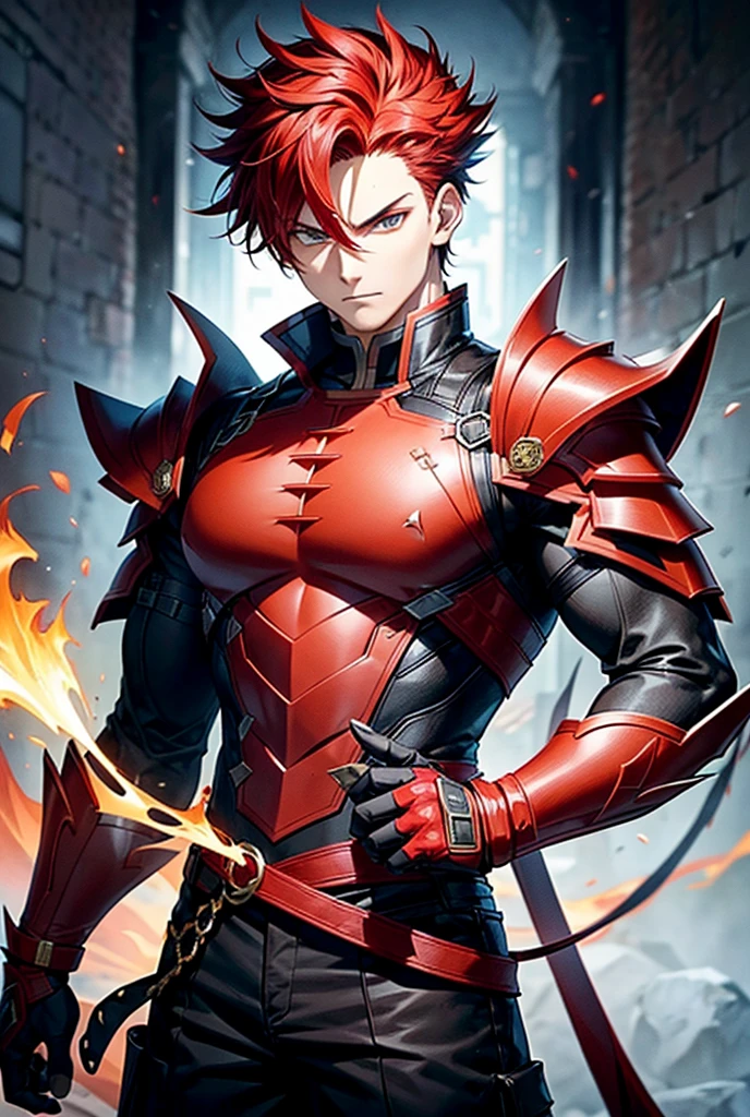 It depicts a man with spiky red hair.。His hair stood on end like a flame、It has a bright fiery red color。His expression is full of confidence.、Characterized by sharp eyes。He was wearing a tight black combat suit.、The outfit has some red accents.。There is a red pattern on the shoulders and chest.、The sleeves and pants are also edged in red.。His body is well muscled、I can feel the strength。On his feet he wears black boots、The overall design emphasizes functionality and combat power.。The background is dark、His red hair and the red accents on his clothes really stand out.