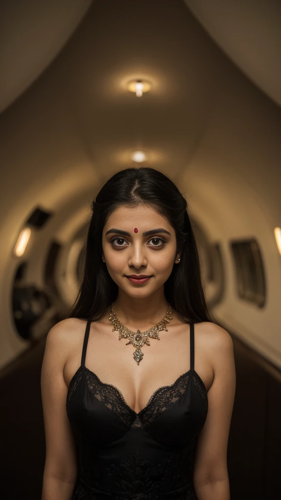 Night view,  in inside the aroplane, enjoying travel,full shot of vedhika, big fishy eyes, open eyes, wearing,  designs FROCK, looking to viewers, smile, cury body, hourglass figure, ,ponytail, black hair, necklace, (cinematic:1.3) , intricate details, (ArtStation:1.2)