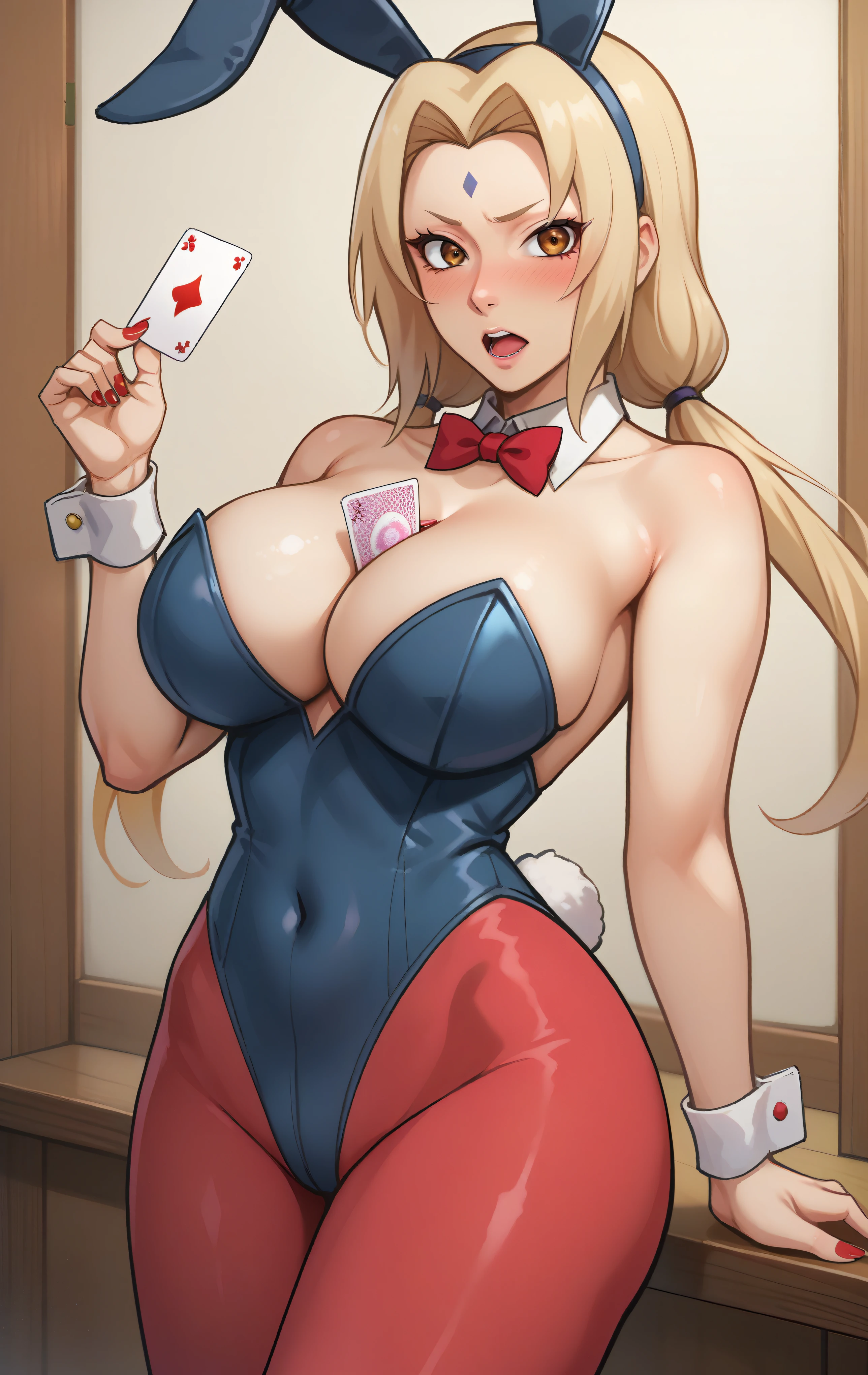 score_9, score_8_up, score_7_up, score_9, source_anime, BREAK TsunadeSDXL, 1girl, solo, long hair, breasts, super thin waist, looking at viewer, blush, open mouth, blonde hair, large breasts, room background, bow, animal ears, cleavage, bare shoulders, twintails, brown eyes, collarbone, pantyhose, bowtie, nail polish, rabbit ears, red bow, leotard, wrist cuffs, black pantyhose, strapless, covered navel, detached collar, fake animal ears, low twintails, highleg, facial mark, thigh gap, playboy bunny, between breasts, red bowtie, black leotard, red nails, highleg leotard, strapless leotard, thighband pantyhose, mature female, card, tsunade (naruto)