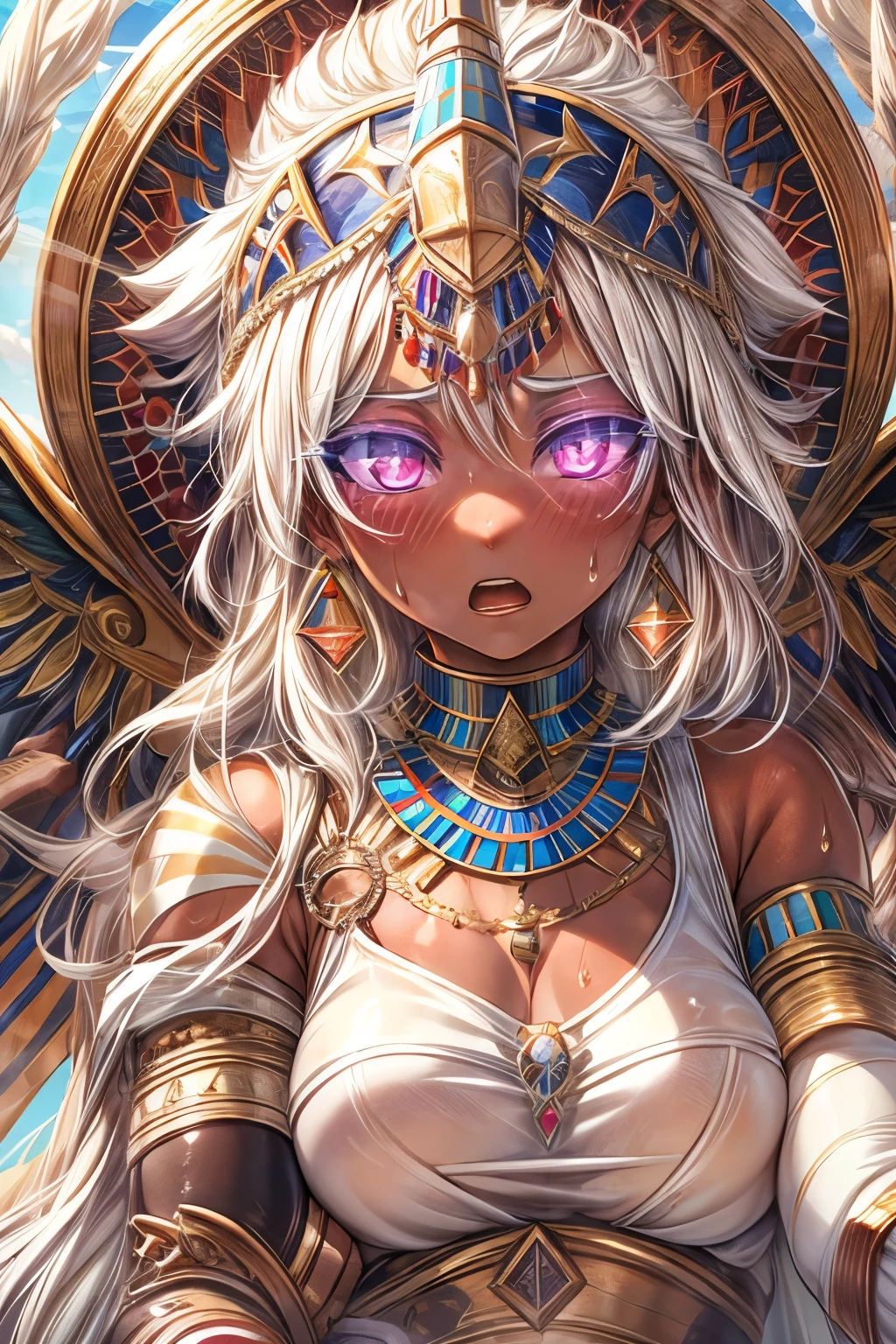 High resolution, masterpiece, Highest quality, Textured skin, Plump Skin, Glowing Skin, girl, Only one person, Brown Skin, White Hair, White lashes, Small breasts, Royalty, Crescent-shaped earrings, Egyptian ornaments, Flying in the air, Arrival, Rubber Suit, dress, Painful expression, feverish, Sweat, Sky, 