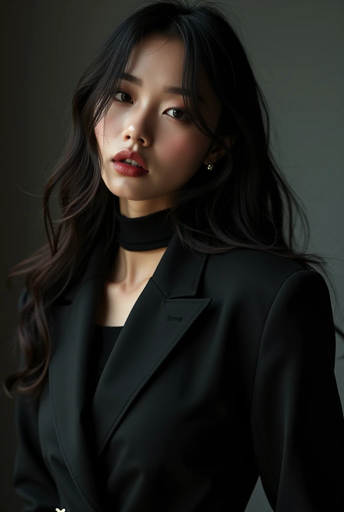 Photoshoot debut girlgrup. Rank 3 trainee. Main Dancer, Lead Rapper, Face of the group. Korean. Long hair. Her face like seunghee oh my girl. Concept black. 
