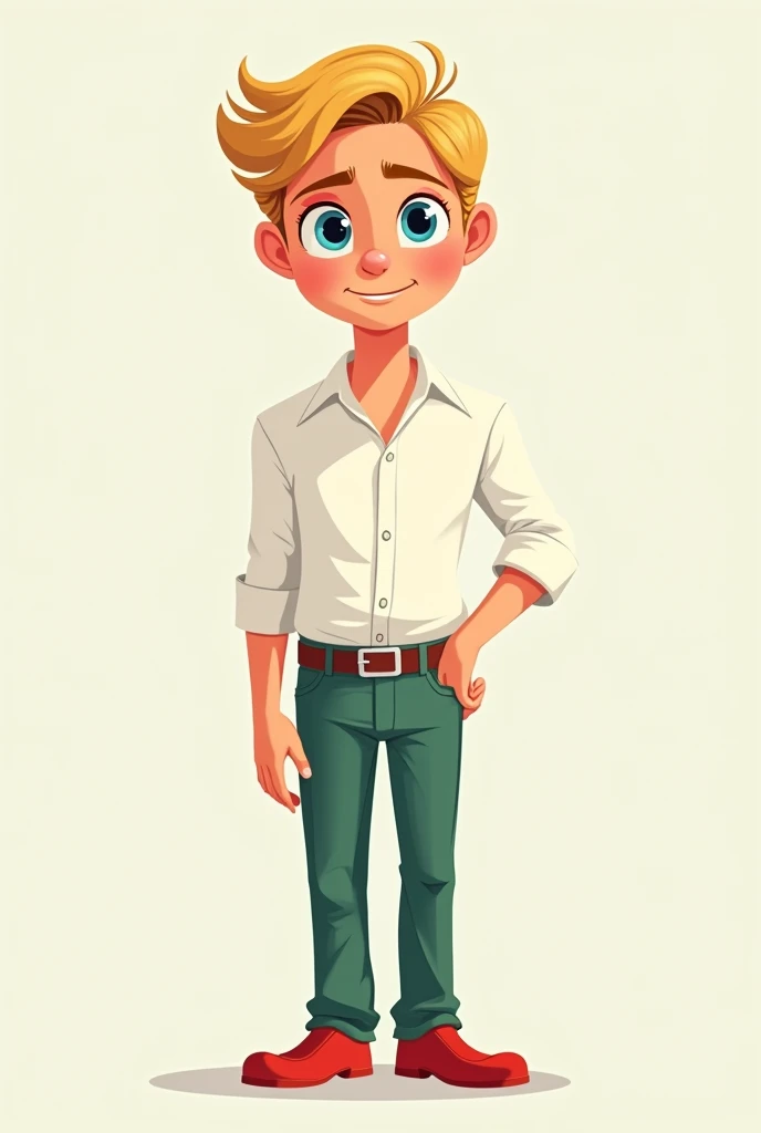 Young handsome male blond hair blue eyes white blouse long sleeve green pants red shoes cartoon style