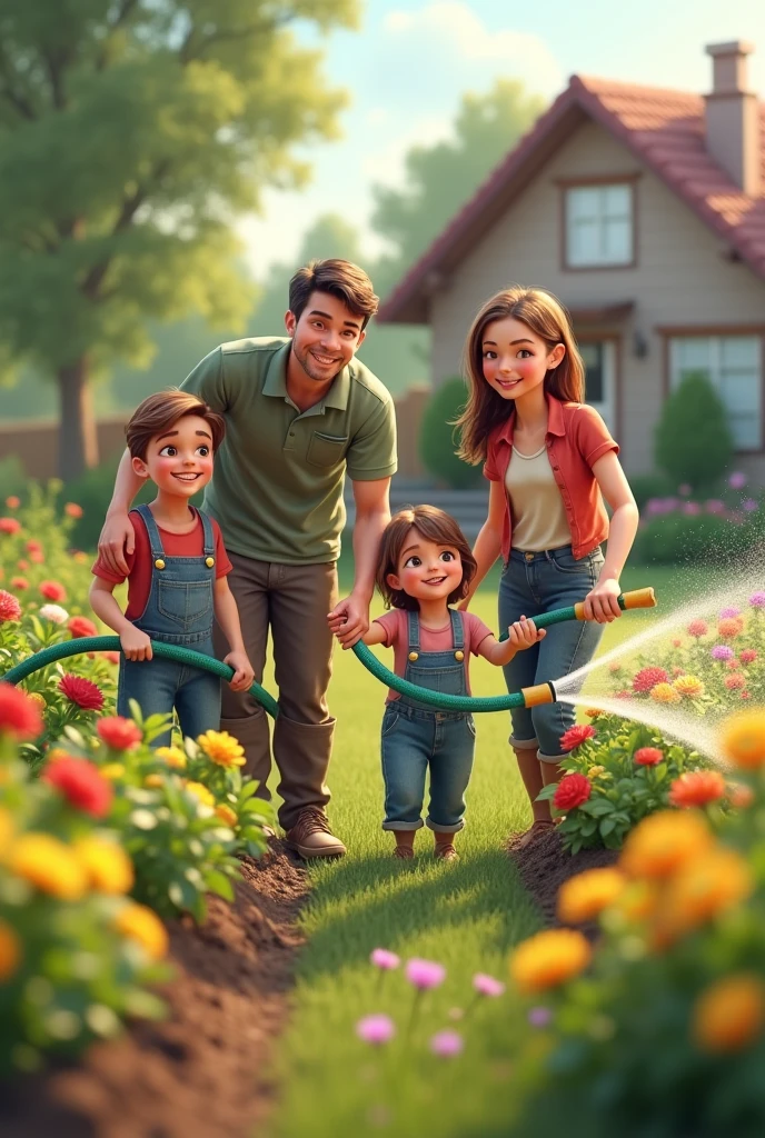 text2image(prompt='A family watering their garden with a hose, using a timer, with happy faces')