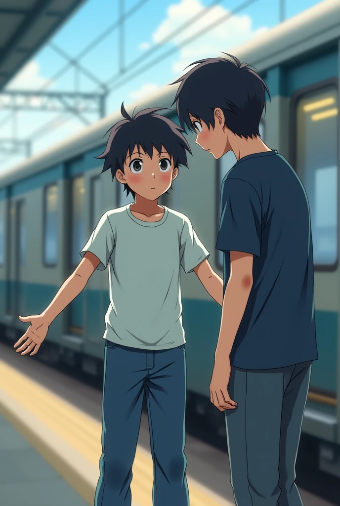 Person looking down at an anime boy in casual clothes with arms outstretched to the sides standing looking straight ahead at a train passing by