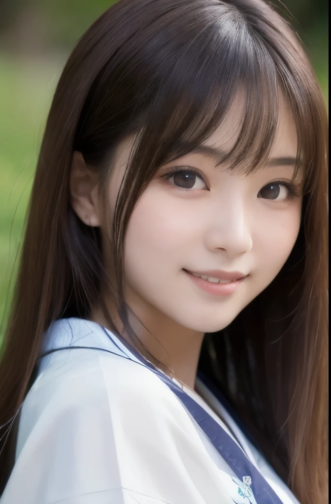 best quality, face focus, soft light, ultra high res, (photorealistic:1.4), RAW photo,(Shinozaki Ai), (fair skin), (kawaii),
1 Japanese girl, solo, cute, smile, (pupil, lights in the eyes),  detailed beautiful face, Medium-sized breasts,(high resolution detail of human skin texture),(long hair),(portrait), upper body, white traditional kimono