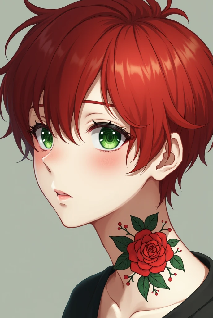 Red-haired, green-eyed boy with a mole under his left eye, white skin with a rose tattoo on her neck anime