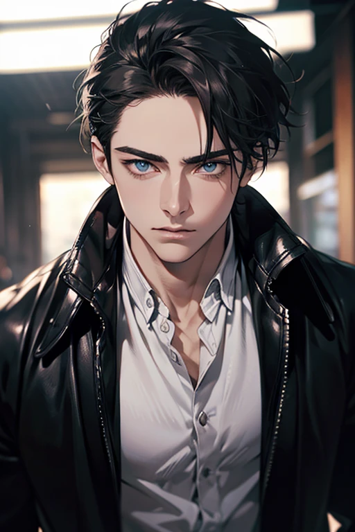 (Best Quality,4k,8k,high resolution,Masterpiece:1.2),ultra detailed,(realist,photorealist,photo-realist:1.37),1 man,31 years,mature man,muscular,square jaw,very handsome,without expresion,short gray black hair,hairstyle,Blue eyes,glare,perfect face without mistakes,imposing posture,collar jacket,leather jacket,dark background,cinematic lighting,imagen HDR