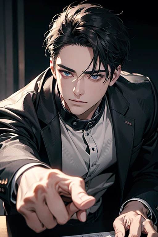 (Best Quality,4k,8k,high resolution,Masterpiece:1.2),ultra detailed,(realist,photorealist,photo-realist:1.37),1 man,31 years,mature man,muscular,square jaw,very handsome,without expresion,short gray black hair,hairstyle,Blue eyes,glare,perfect face without mistakes,imposing posture,collar jacket,leather jacket,dark background,cinematic lighting,imagen HDR
