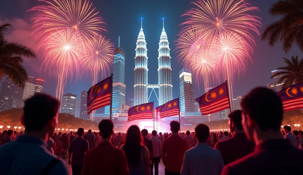 ((photorealism:1.2)), Malaysia Day, Citizens back, Malaysia flags big and focus, Malaysia Petronas Twin tower, High-Quality image Generation, night view, fireworks, citizen's cloth different colors, happy, realistic