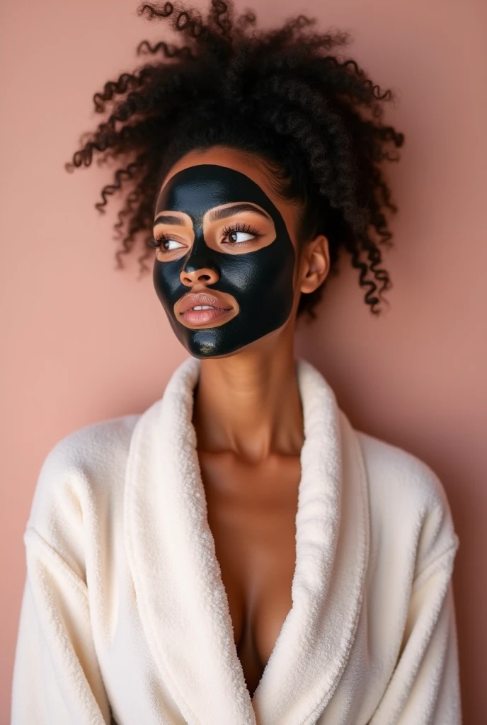 Creative and aesthetic Shoot with pink or white background of female brown model in bathrobe with applied charcoal face mask