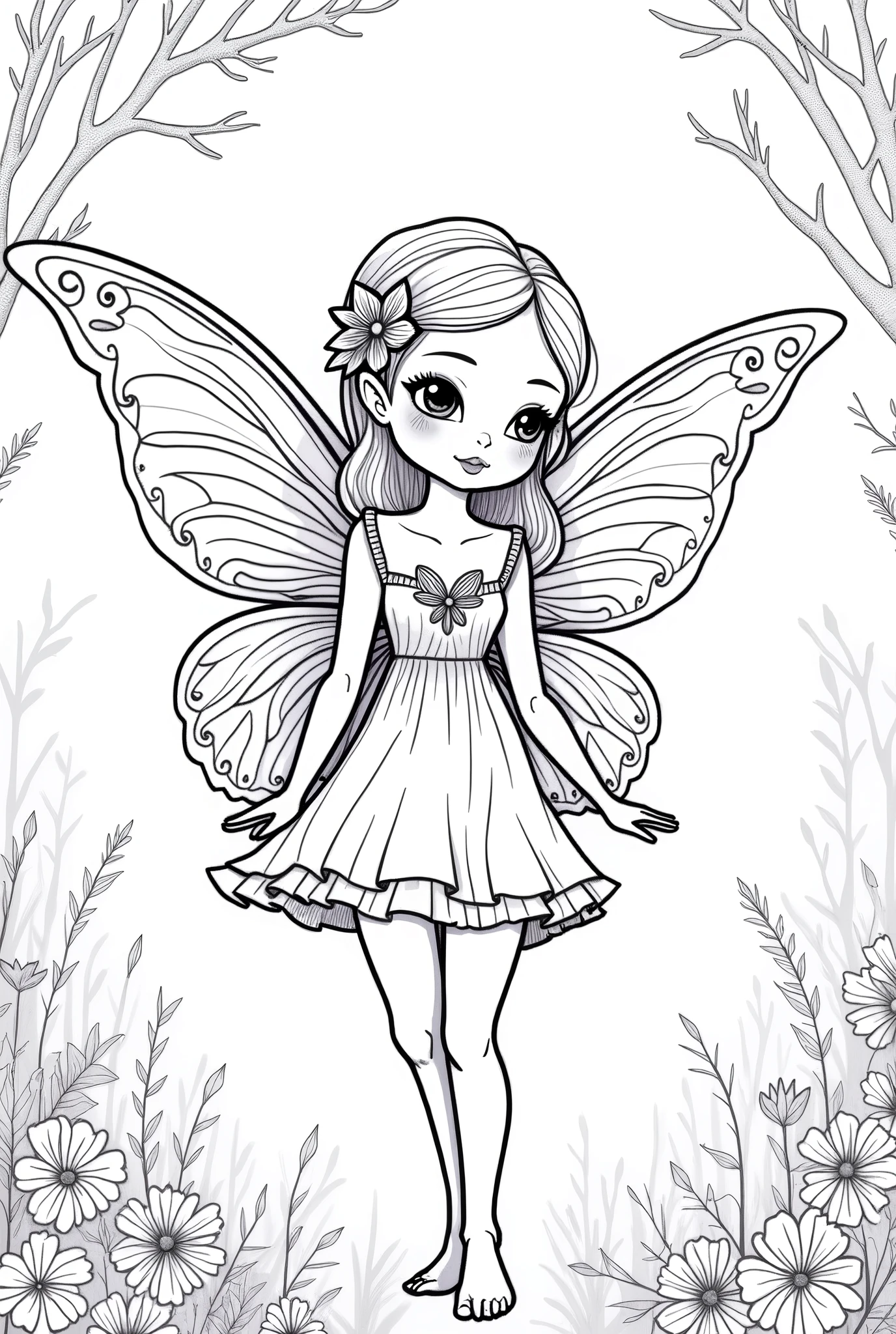 4k ultra hd, masterpiece, a girl, good face, detailed eyes, detailed lips, flower fairy girl, big wings,, for coloring pages, full white,clean line art, children's style, magic forest background, full body, Sketch style, playful style, childrens,coloring page, clean line art, white background, colouring page, clean outline