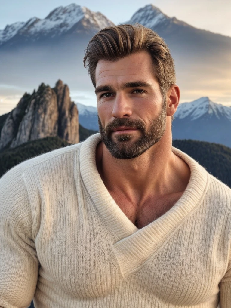 hair, portrait of a ruggedly handsome paladin, muscular, half body, masculine, mature, Retrato de un joven, Muscular very handsome and attractive spanis men, A 50 years old male, Retrato de un joven, Muscular, real, white sweater, mountain winter backround,