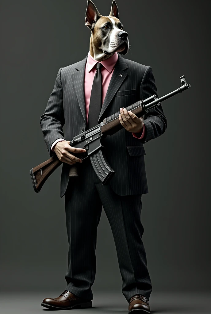 A great dane. Wearing a charcoal pinstriped suit, pink shirt and dark loafers. Holding a assault rifle.