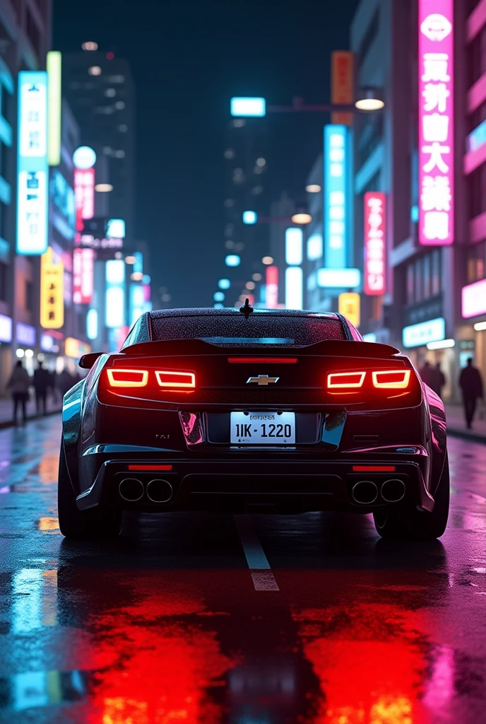 Generate a Chevrolet Camaro seen from behind and make it impressive, that it is night and that the angle is almost attached to the back of the car, with lots of neon lights on the streets and like.If I were in Japan