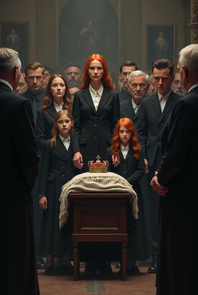 An orange-haired woman with her 2 daughters and many people at her father-in-law's funeral with a coffin that has a blanket and a British crown on top