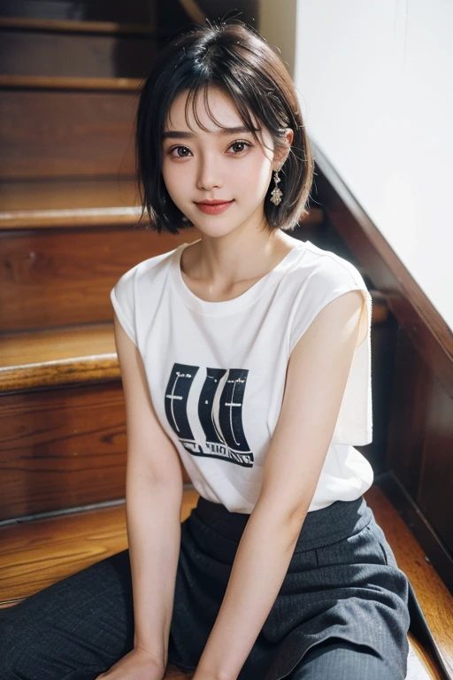 (2 Japanese girl,), (Small breasts:1.5,),(solo,,Textured skin, Detailed skin,Detailed face,Detailed eyes,detailed posing,Natural eyebrows,Sparkling Eyes,High detail, Highest quality, Super detailed, Surrealism, ,8k,RAW Photos,Photographicism,Professional Lighting,Portrait Photography,Soft Light),((Black Hair, Dark Eyes,Natural Makeup,Simple earrings, Bob Hair,ribbon,smile)),(((Sit on the stairs,mini skirt,I can see your pants,T-shirts that are too big)))