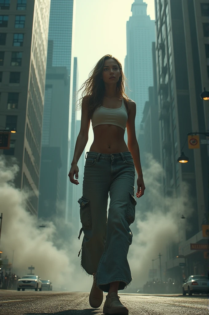 "A towering Giantess in a cool and laid-back hippie style is rocking a crop top and baggy pants. Her toned and athletic build hints at her massive strength. She seems to be casually strolling through the bustling cityscape of GTS City, as towering buildings loom overhead. Smoke and clouds roil around her, adding to the sense of epic scale and drama. The lighting is dark, gloomy, and realistic, creating a tense and ominous atmosphere. The perspective is from below, emphasizing the sheer majesty and power of the Giantess."