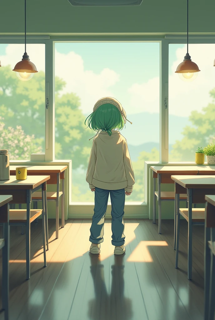 1 girl, standing alone, cafeteria, hair green, bonnet, sweater, jeans, sitting down on chair, dynamic pose, Inside the house, 