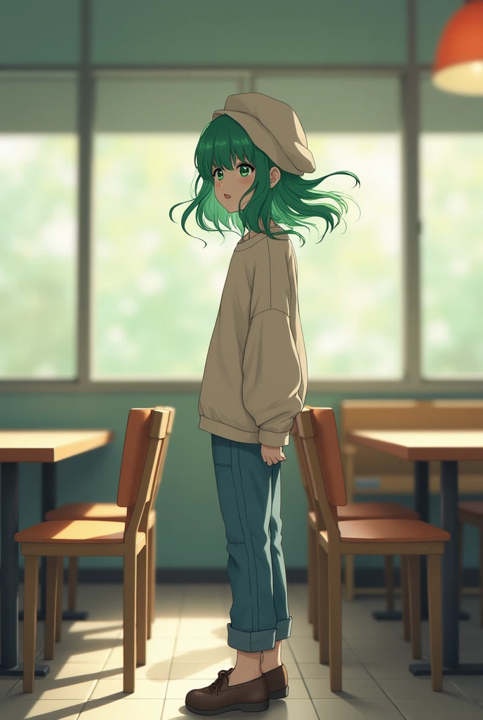 1 girl, standing alone, cafeteria, hair green, bonnet, sweater, jeans, sitting down on chair, dynamic pose, Inside the house,